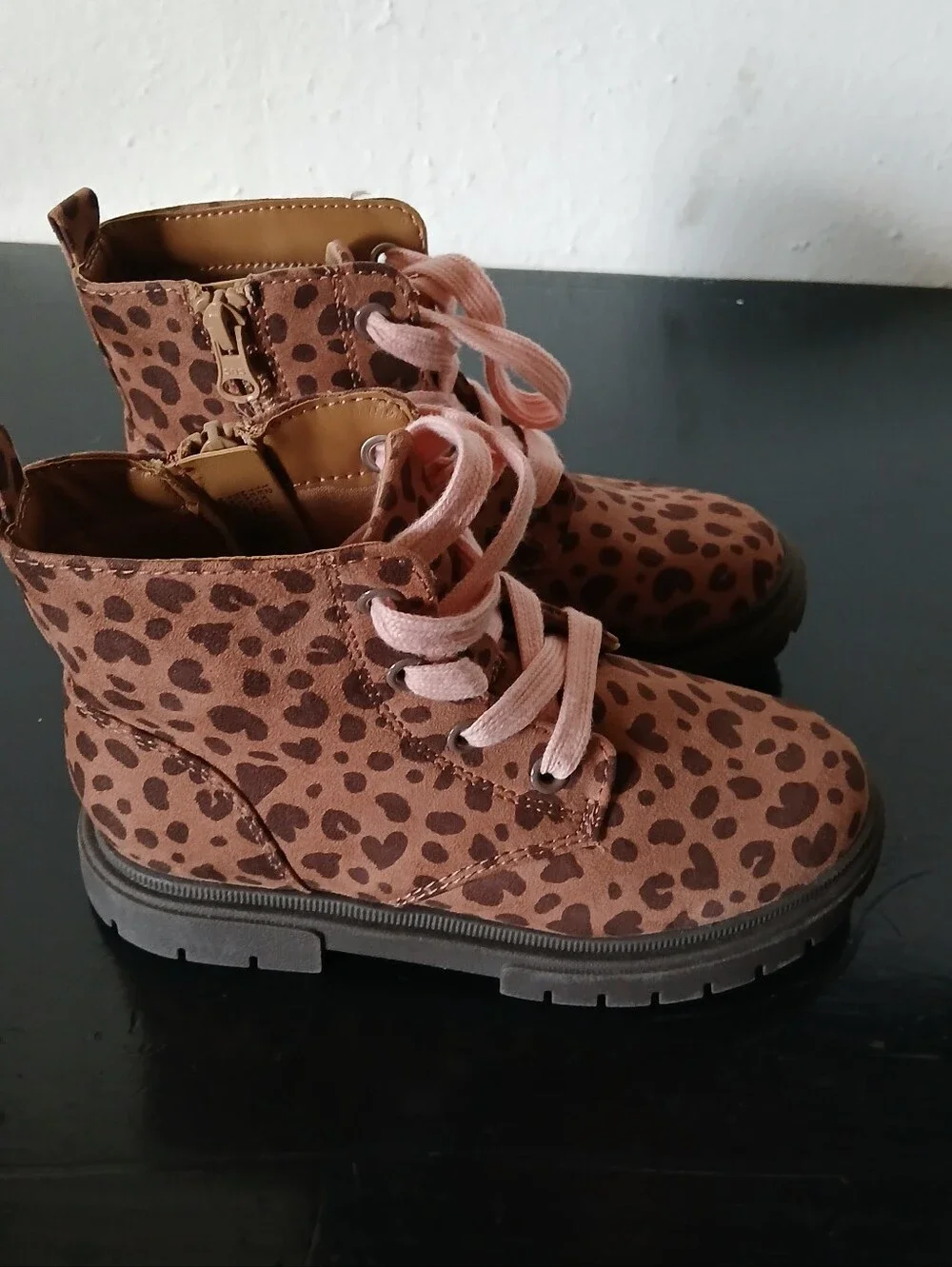 Cat & Jack Brown Leopard Print Ankle Boots with Pink Laces Size 12.